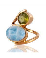 Larimar and Peridot Gemstone Handmade Statement 18 K Gold Vermeil Ring