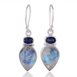 Iolite and Rainbow Moonstone Drop Earring 925 Silver Dangle