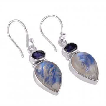 Iolite and Rainbow Moonstone Drop Earring 925 Silver Dangle