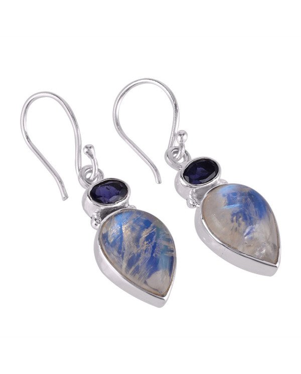 Iolite and Rainbow Moonstone Drop Earring 925 Silver Dangle
