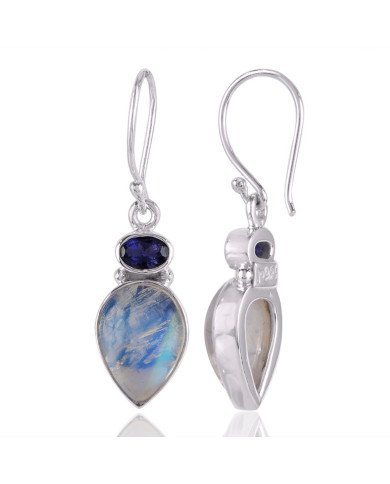 Iolite and Rainbow Moonstone Drop Earring 925 Silver Dangle