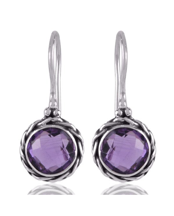 Amethyst and Twisted Wire Solid Silver Round Dangle Earring