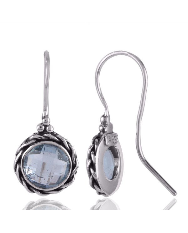 Blue Topaz and Twisted Wire Solid Silver Round Dangle Earring