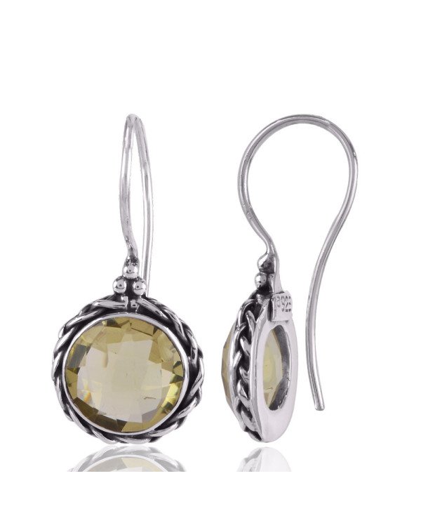 Lemon Quartz and Twisted Wire Solid Silver Round Dangle Earring