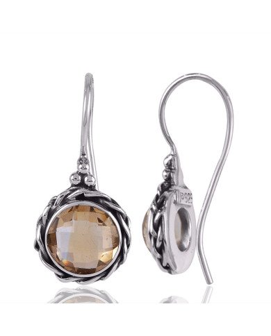 Citrine Gemstone Twisted Wire Solid Silver Round Dangle Earrings.