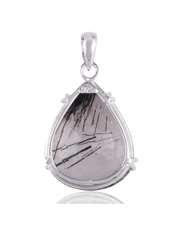Tourmanilated Quartz Black Rutile Solid Silver Pendant Necklace Jewelry