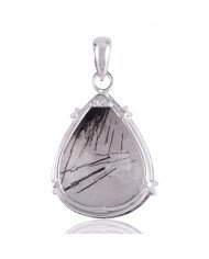 Tourmanilated Quartz Black Rutile Solid Silver Pendant Necklace Jewelry