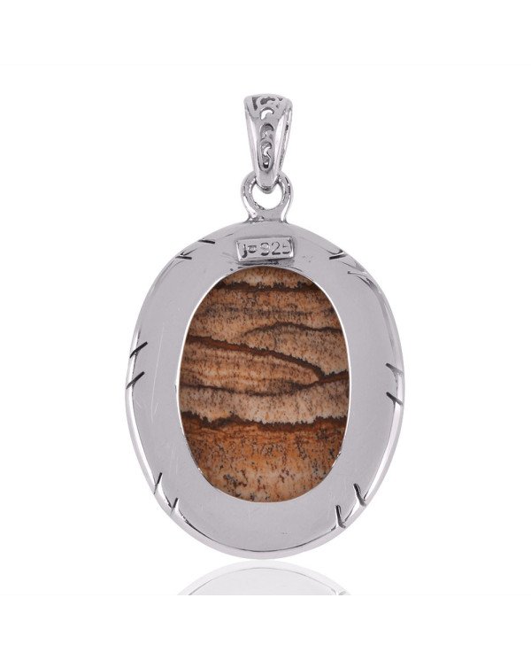Solid Silver and Picture Jasper Gemstone Pendant Necklace