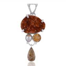 Rutilated Quartz Rutile Citrine Druzy Fresh Water Pearl Dangle Drop Three Stone Silver Pendant