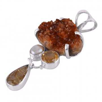Rutilated Quartz Rutile Citrine Druzy Fresh Water Pearl Dangle Drop Three Stone Silver Pendant