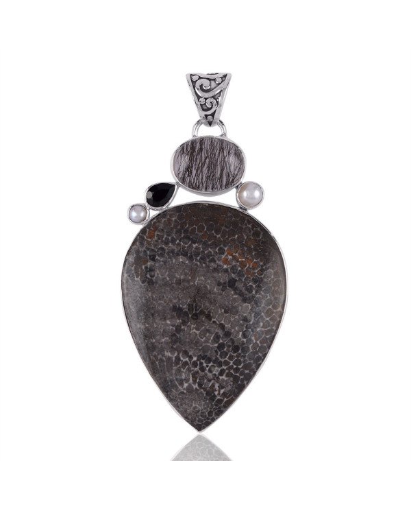 Brizone Coral Tourmanilated Quartz Rutile Pearl and Onyx Silver Pendant Necklace