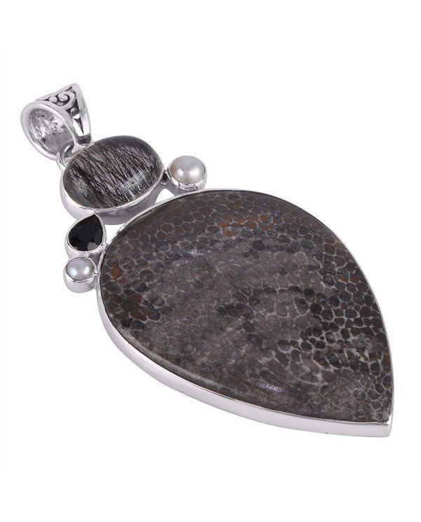 Brizone Coral Tourmanilated Quartz Rutile Pearl and Onyx Silver Pendant Necklace