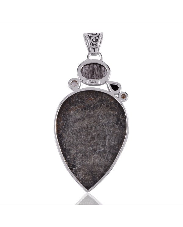 Brizone Coral Tourmanilated Quartz Rutile Pearl and Onyx Silver Pendant Necklace