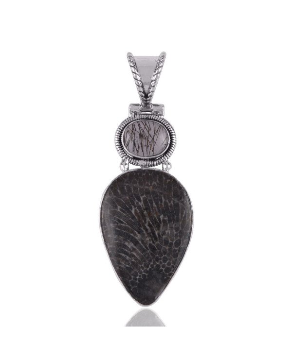 Tourmanilated Quartz Rutile and Brizone Coral Silver Pendant Necklace Wholesale Pricing Jewelry