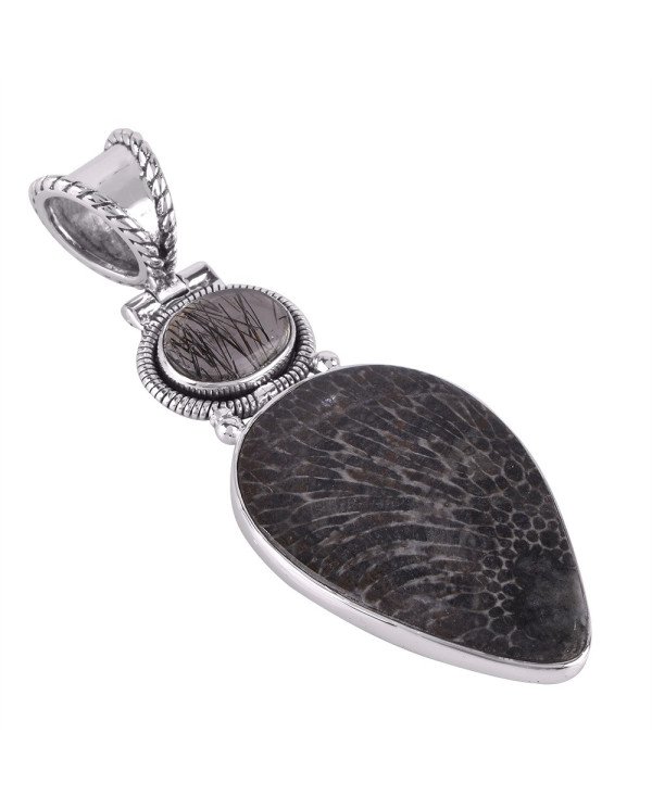 Tourmanilated Quartz Rutile and Brizone Coral Silver Pendant Necklace Wholesale Pricing Jewelry