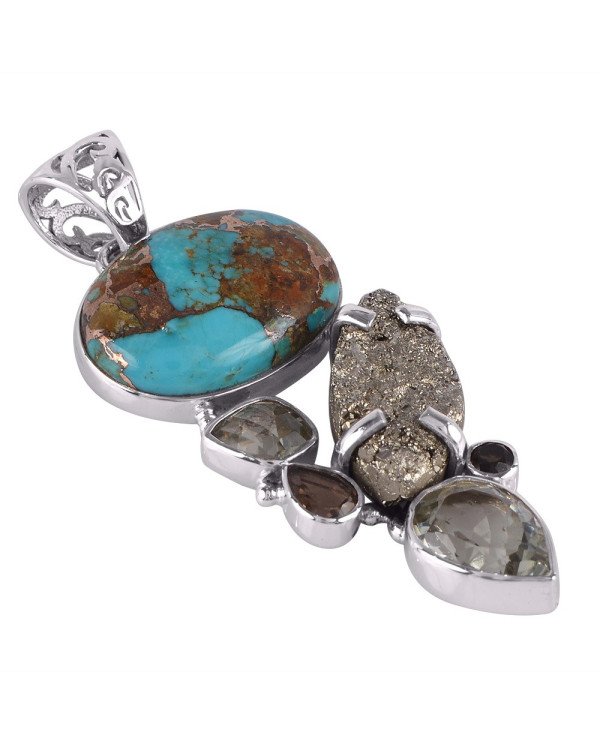 Boulder Turquoise Pyrite Green Amethyst Multi Gemstone Silver Pendant