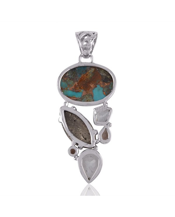 Boulder Turquoise Pyrite Green Amethyst Multi Gemstone Silver Pendant