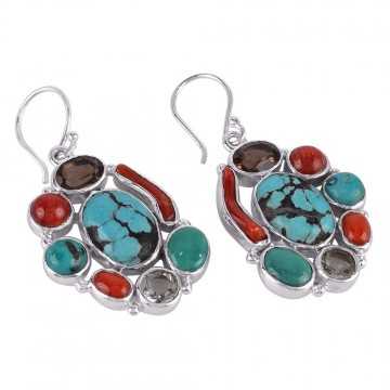 Turquoise Smoky Coral and Green Amethyst Multi Color Earring Solid Silver