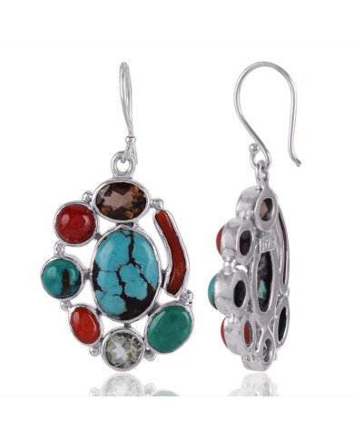Turquoise Smoky Coral and Green Amethyst Multi Color Earring Solid Silver