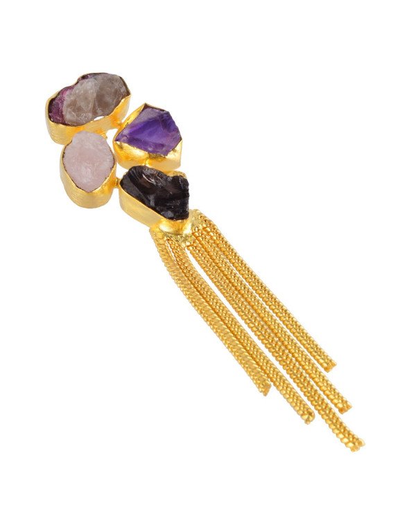 Rough Stone Rose Quartz Amethyst and Onyx Gold Plated Pendant