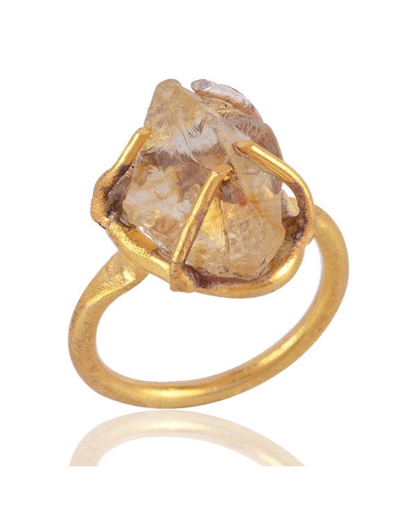 Raw Citrine Gemstone Prong Set Statement 18K Gold Vermeil Ring