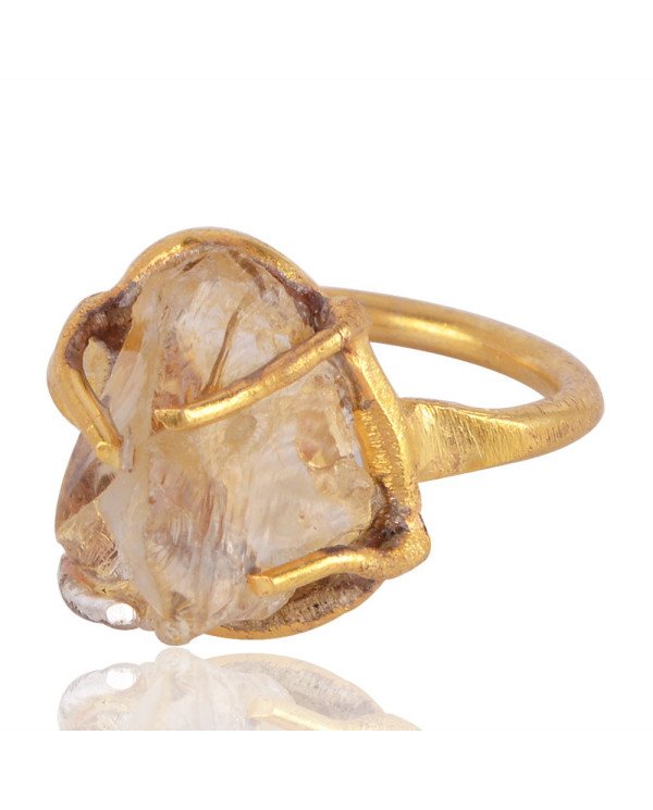 Raw Citrine Gemstone Prong Set Statement 18K Gold Vermeil Ring