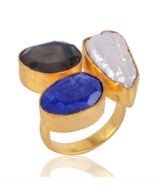 Labradorite and Biwa Pearl 18K Gold Vermeil Ring For Women