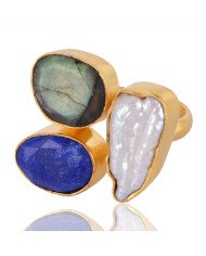Labradorite and Biwa Pearl 18K Gold Vermeil Ring For Women