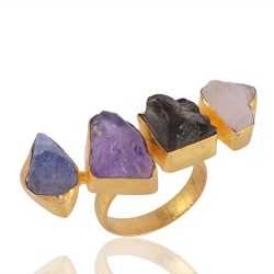 Raw Amethyst and Tanzanite Raw Moonstone 18K Gold Vermeil Ring