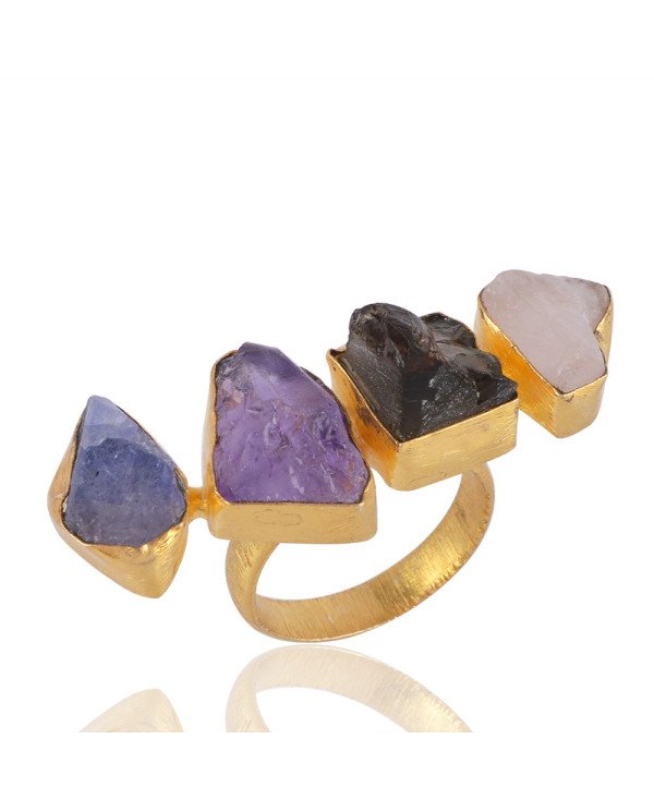 Raw Amethyst and Tanzanite Raw Moonstone 18K Gold Vermeil Ring