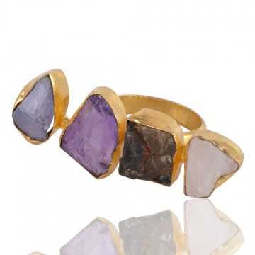 Raw Amethyst and Tanzanite Raw Moonstone 18K Gold Vermeil Ring