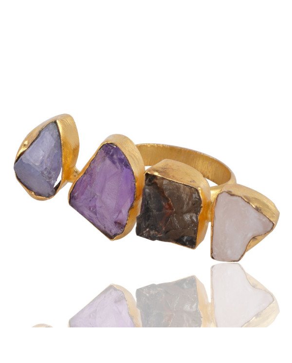 Raw Amethyst and Tanzanite Raw Moonstone 18K Gold Vermeil Ring