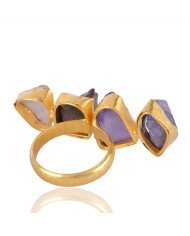 Raw Amethyst and Tanzanite Raw Moonstone 18K Gold Vermeil Ring