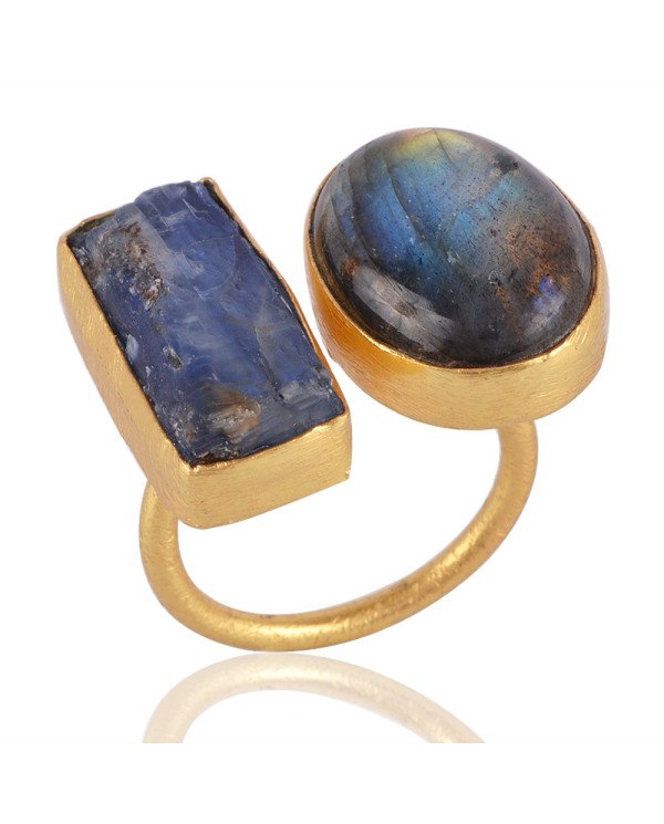 Raw Tanzanite And Labradorite Gemstone Handmade 18k Gold Vermeil Ring