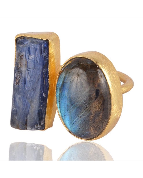 Raw Tanzanite And Labradorite Gemstone Handmade 18k Gold Vermeil Ring