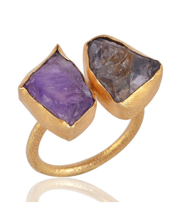 Raw Smoky and Raw Amethyst Gemstone Handmade 18K Gold Vermeil Ring