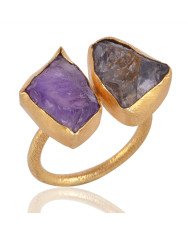 Raw Smoky and Raw Amethyst Gemstone Handmade 18K Gold Vermeil Ring