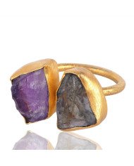 Raw Smoky and Raw Amethyst Gemstone Handmade 18K Gold Vermeil Ring
