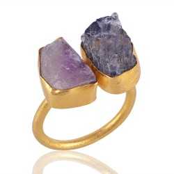 Raw Tanzanite and Raw Amethyst Handmade 18K Gold Vermeil Ring
