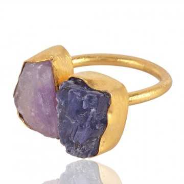 Raw Tanzanite and Raw Amethyst Handmade 18K Gold Vermeil Ring
