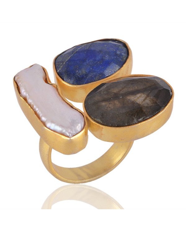 Labradorite Corundum and Pearl Gemstone fashion Jewelry Adjustable Ring
