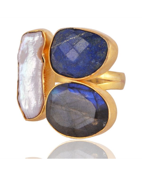 Labradorite Corundum and Pearl Gemstone fashion Jewelry Adjustable Ring