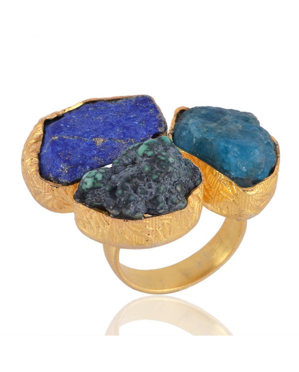 Rough Stone Turquoise Lapis and Apatite Fantastic Fashion Ring with Gold Plating