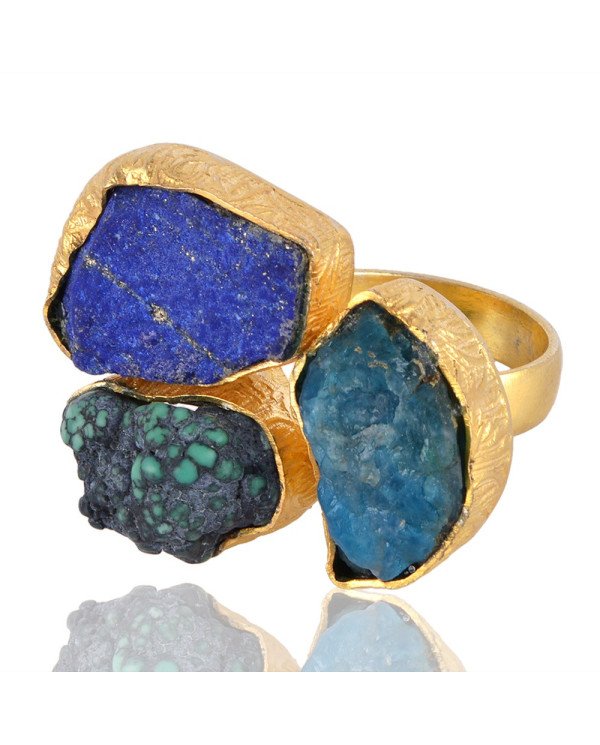 Rough Stone Turquoise Lapis and Apatite Fantastic Fashion Ring with Gold Plating