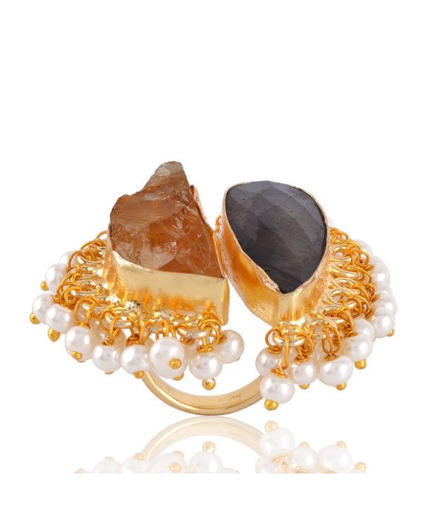 Rough Labradorite and Citrine nice Designer Fashion Ring with Pearl Drops