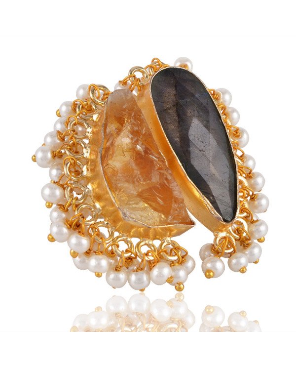 Rough Labradorite and Citrine nice Designer Fashion Ring with Pearl Drops