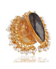 Rough Labradorite and Citrine nice Designer Fashion Ring with Pearl Drops