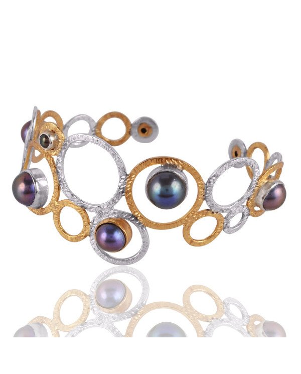 Silver and Brass Mix Two Metal Two Tone Pearl Cuff Bracelet