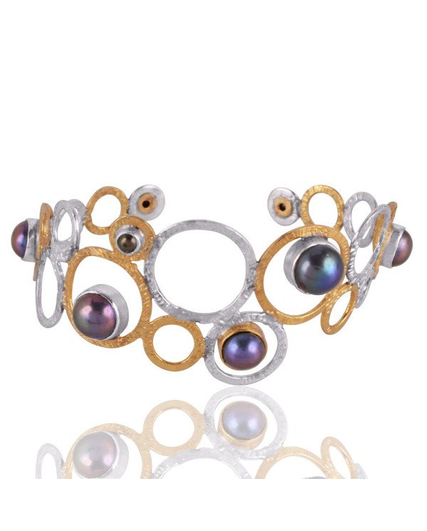 Silver and Brass Mix Two Metal Two Tone Pearl Cuff Bracelet