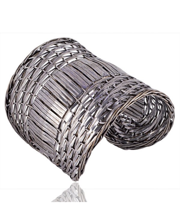Solid Sterling Silver Basket Cuff Designer Textured Handmade Bracelet